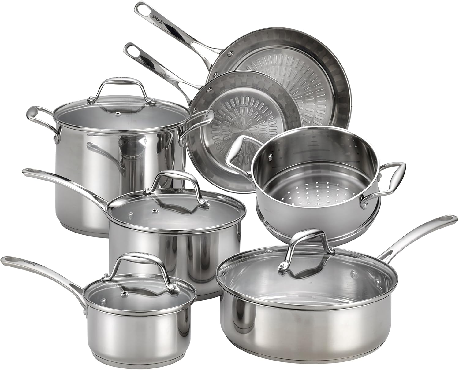 T-fal Performa Stainless Steel Cookware Set 12 Piece Induction Oven Broiler Safe 500F Pots and Pans. Dishwasher Safe Silver