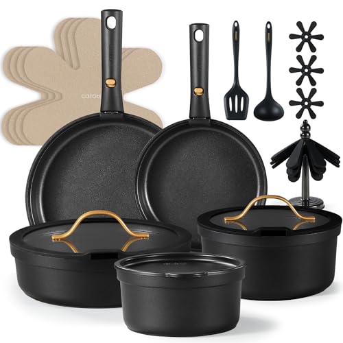 CAROTE 20pcs Pots and Pans Set Non Stick. Nonstick Cookware Set. Dishwasher/Oven/Fridge Safe Pots and Pans. Removable Handle RV Oven Safe Cookware. Induction Kitchen Set. Black