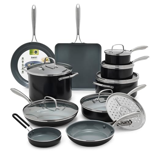 GreenPan 17 Piece Nonstick Swift Cookware Set. Ceramic PFAS-Free Pots & Pans with Lids. Dishwasher & Oven/Broiler Safe to 600F. Kitchen Cooking Set. Sauce. Saute. Stock. Griddle. Frying Pans. Gray