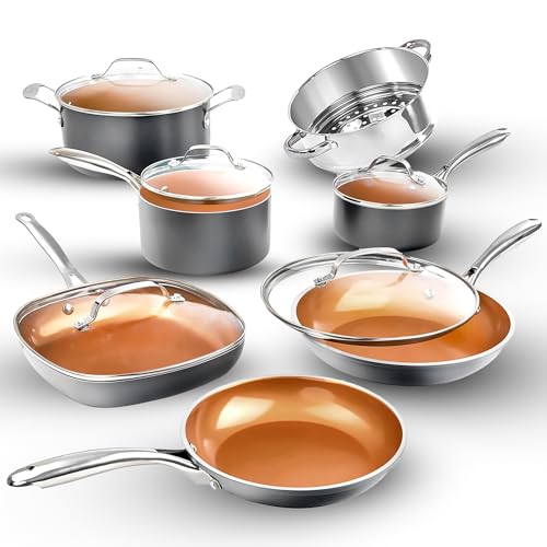Gotham Steel 12 Pc Ceramic Cookware Set Nonstick. Ceramic Pots and Pans Set Non Stick with Steamer for Cooking. Non Toxic PFOA PFOS Free. Ergonomic Stay Cool Handles. Oven & Dishwasher Safe. Copper