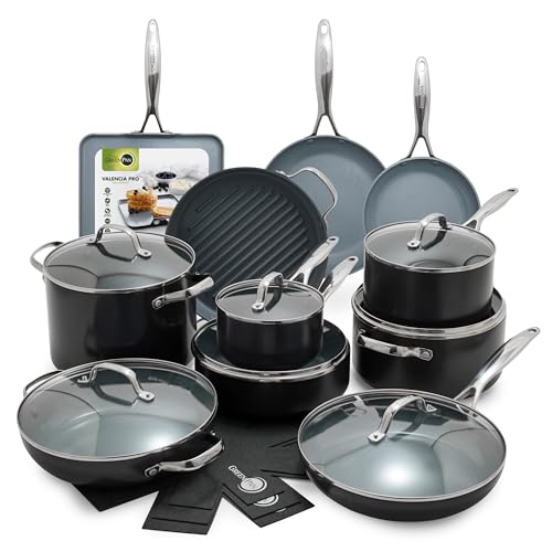 GreenPan 22 Piece Valencia Pro Ceramic Nonstick Cookware Set. PFAS-Free. Induction Ready. Hard Anodized Pots & Pans with Lids. Compatible on All Cooktops. Dishwasher & Oven Safe. Gray