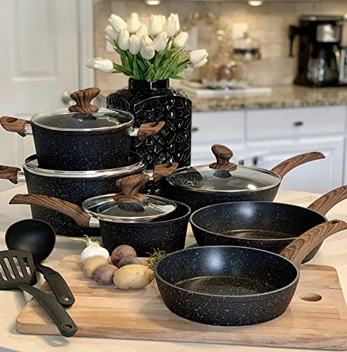Kitchen Academy Induction Cookware Sets - 12 Piece Cooking Pan Set. Granite Black Nonstick Pots and Pans Set