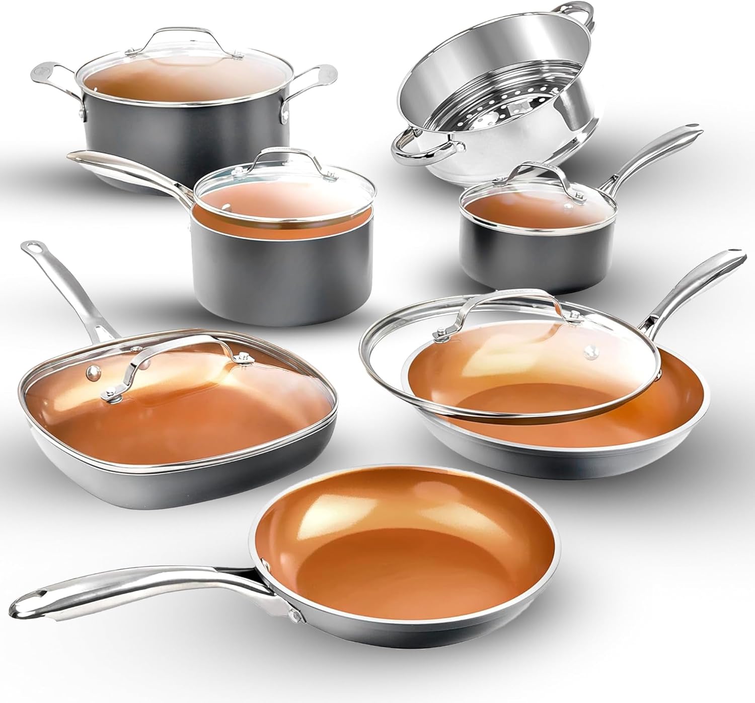 Gotham Steel 12 Pc Ceramic Cookware Set Nonstick. Ceramic Pots and Pans Set Non Stick with Steamer for Cooking. Non Toxic PFOA PFOS Free. Ergonomic Stay Cool Handles. Oven & Dishwasher Safe. Copper