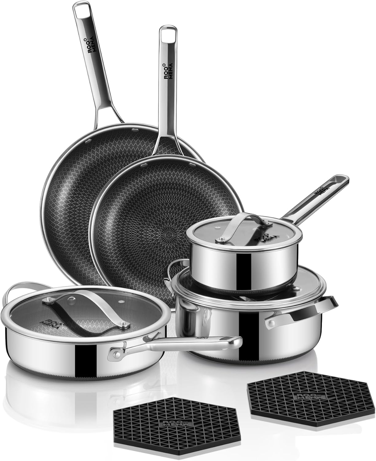 Pots and Pans Set Hybrid Stainless Steel. 10PC Nonstick Tri-Ply Cookware Set w/Frying pan. Dishwasher & Oven Safe. PFOA-Free. Metal Utensil Safe. Suitable for All Cooktops