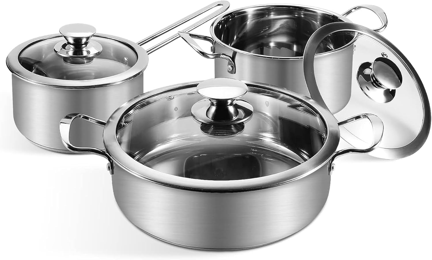 Stainless Steel Pots and Pans Set. 7-Piece Kitchen Cookware Sets with Glass Lids. Stay-Cool Handle. Oven Safe. Works with Induction/Electric and Gas Cooktops. Dishwasher
