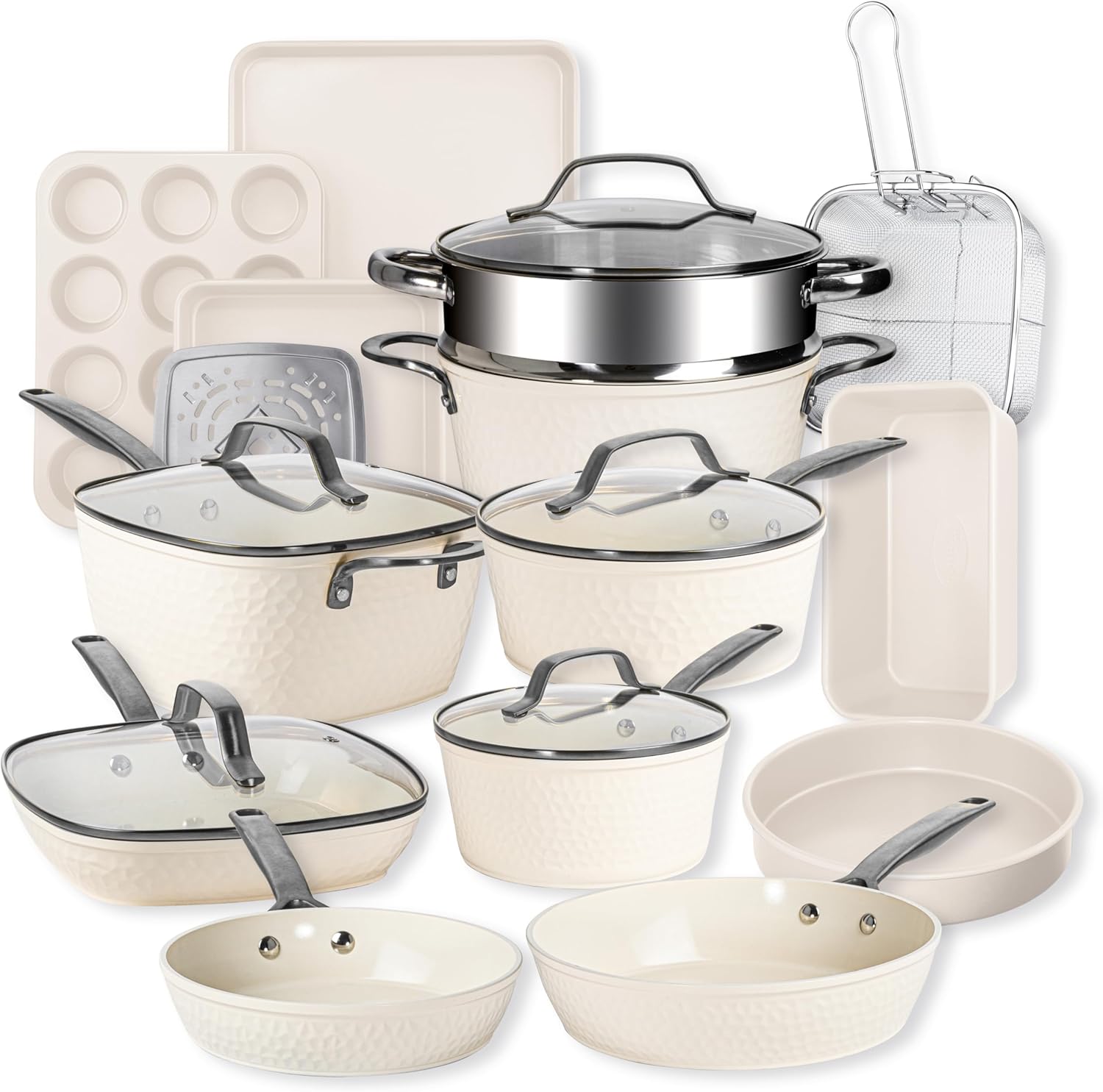 Gotham Steel Hammered 20 Pc Ceramic Cookware Set Nonstick. True Ceramic Pots and Pans Set Non Stick with Deep Square Pan Set & Bakeware Set. Non Toxic PFOA PFOS Free. Oven & Dishwasher Safe