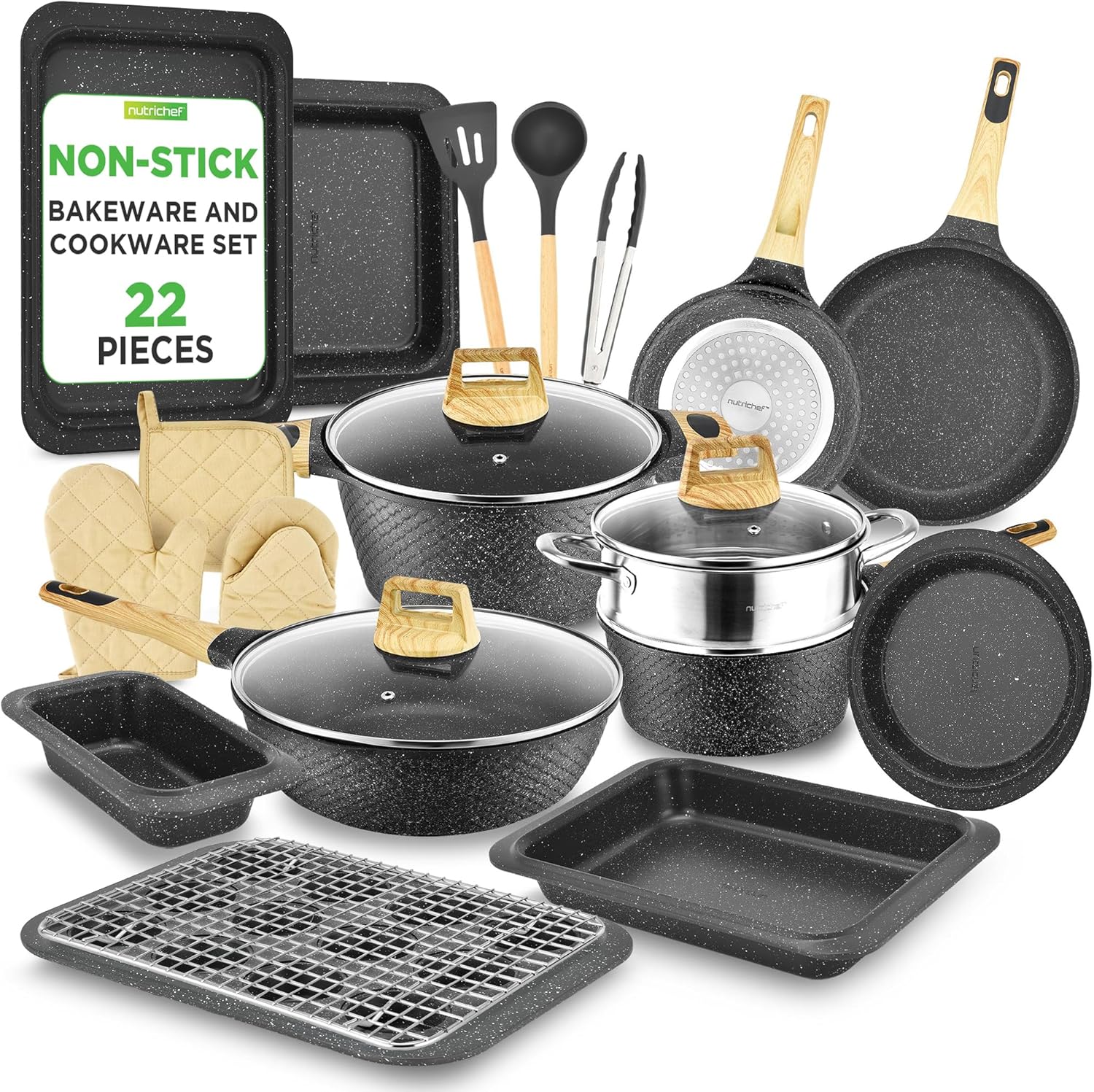Nutrichef 22-Piece Black Marble Non-Stick Cookware and Bakeware Set - Professional Home Kitchen Collection with Multi-Sized Pots. Pans. and Heat-Resistant Tools